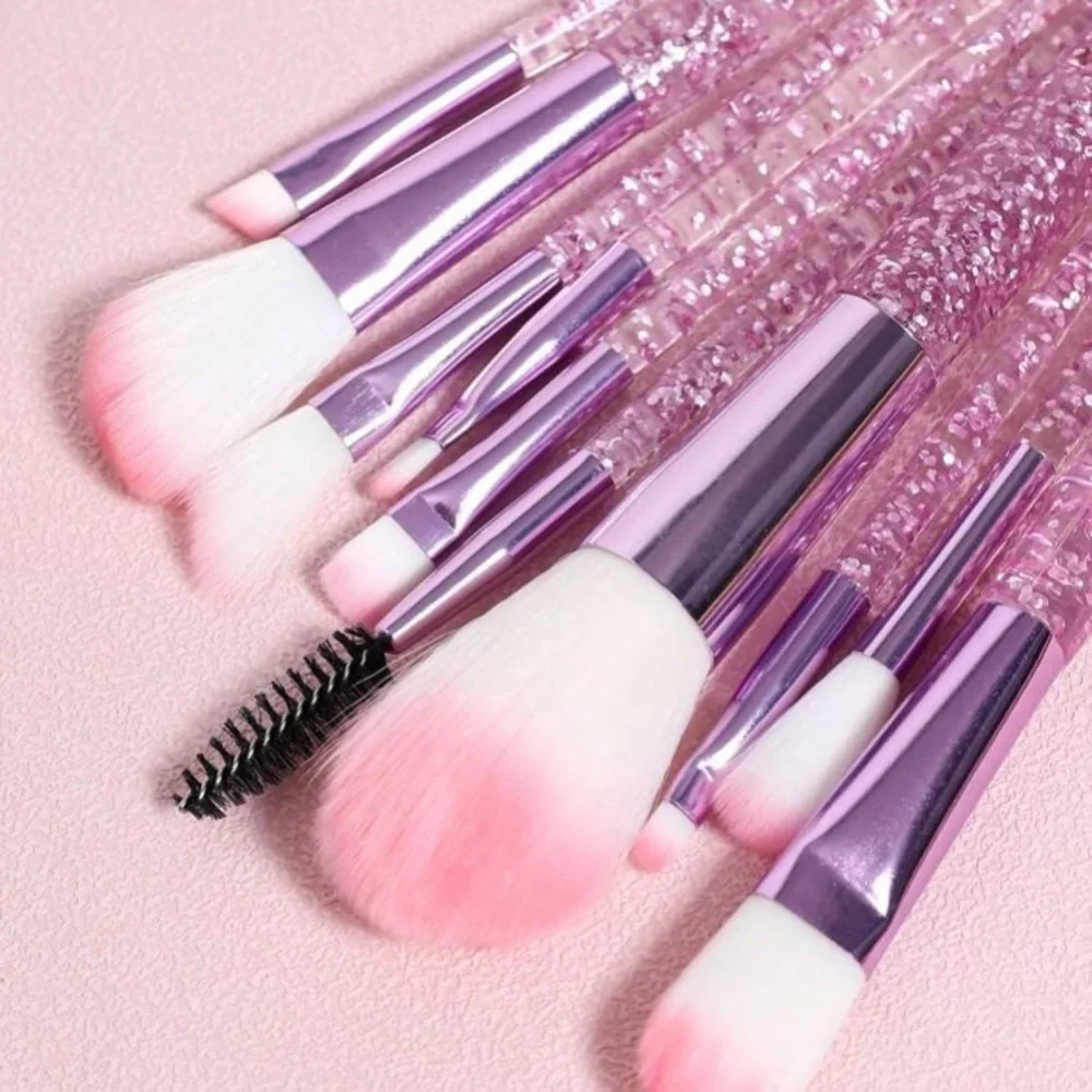 9 Piece Glitter Pink and Lilac Crystal Makeup Brush Set